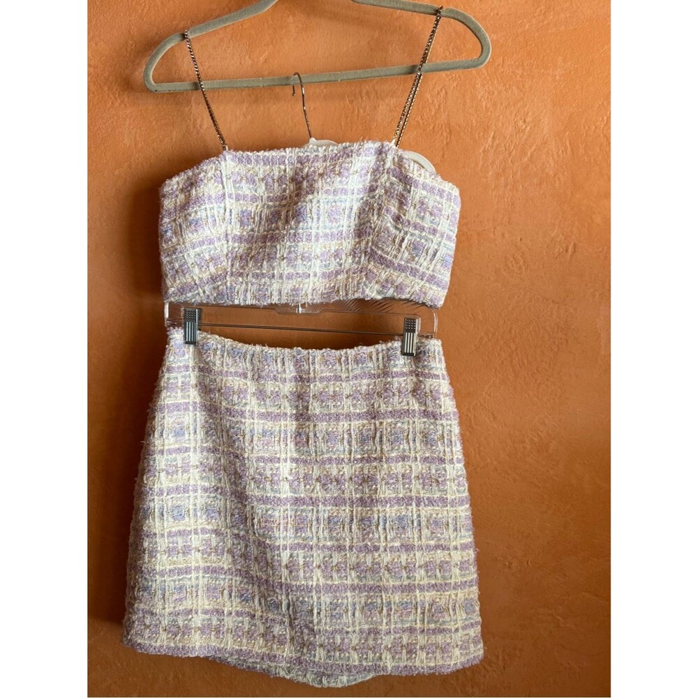 House of Harlow 1960 pastel tweed skirt set crystal strap coquette set
